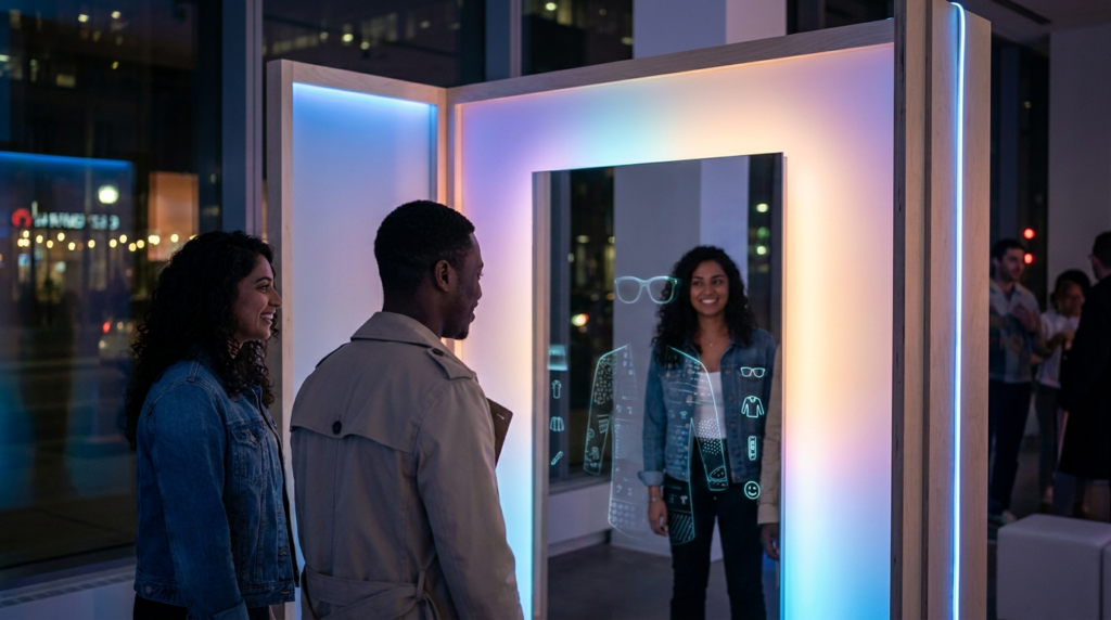 Gen Z attendees using an AR mirror at an immersive brand activation in downtown Toronto in 2026.