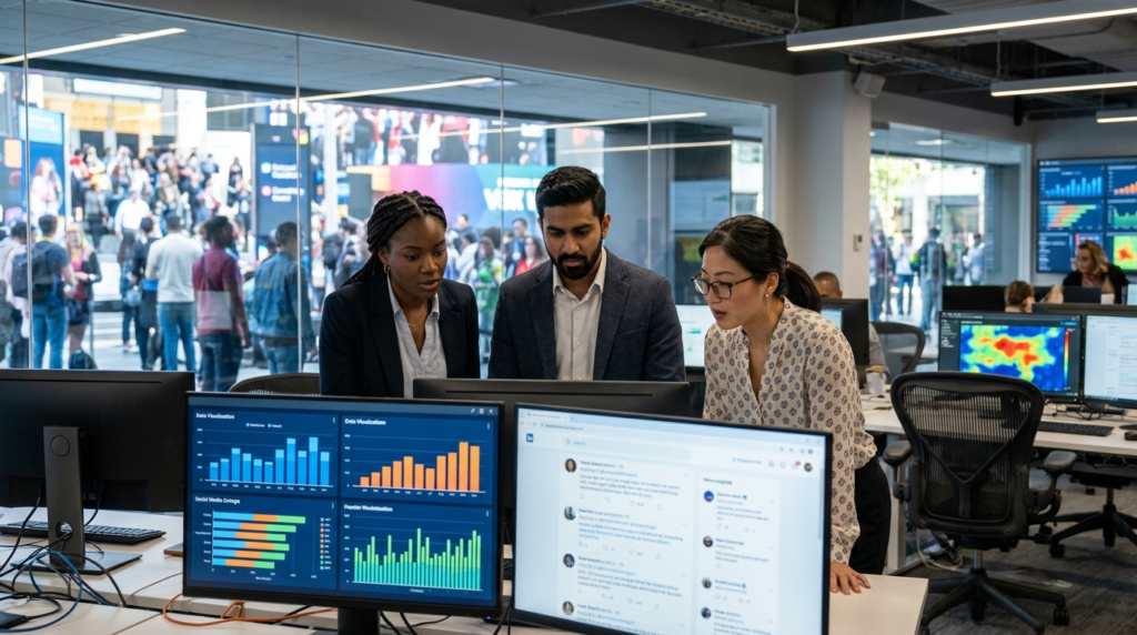 Marketing team monitoring real-time AI sentiment dashboard at a Canadian multicultural brand activation in 2026.