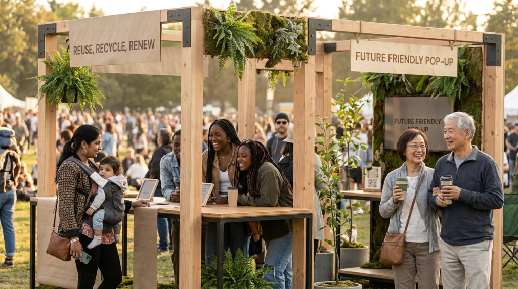 Modular reusable booth design at a Canadian sustainable brand activation with diverse attendees engaging in 2026.