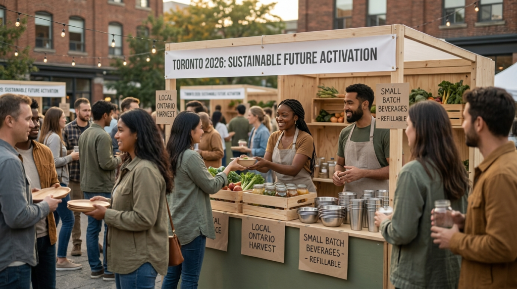 Local Ontario food vendors at a sustainable brand activation in Toronto with multicultural attendees in 2026.