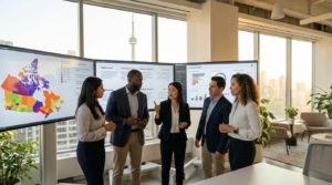 Diverse research team analyzing multicultural market research data in a Toronto agency office in 2026.