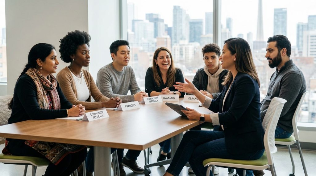 Diverse Canadian focus group participants engaging in a multicultural market research session in Toronto in 2026.