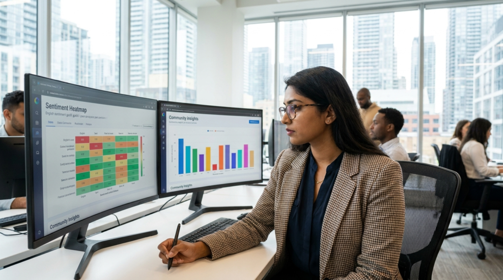 Marketing analyst reviewing multilingual multicultural market research insights dashboard in a Toronto agency in 2026.