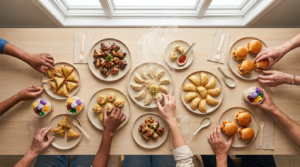 Overhead view of multicultural food samples being picked up by diverse hands at a Canadian F&B brand activation in 2026