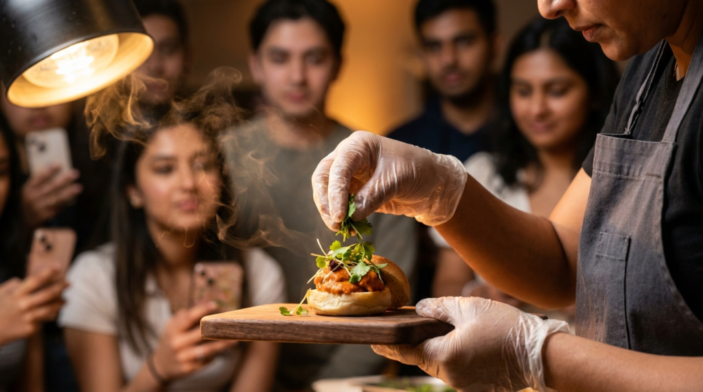 Close-up of a chef finishing a small sample dish during a live cooking demo at a Canadian food and beverage experiential marketing brand activation in 2026.