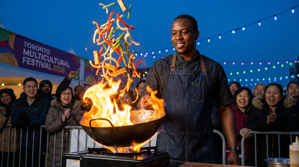 Caribbean Canadian chef tossing vegetables in a flaming wok during a live cooking demo at a multicultural food festival in Toronto 2026.