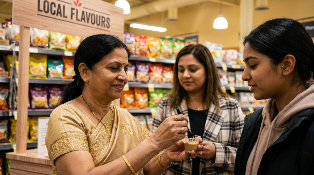 South Asian Canadian grandmother sharing a food sample with her granddaughter at an in-store grocery brand activation in Mississauga 2026.