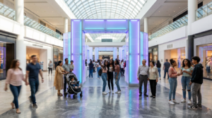 Diverse multicultural shoppers entering a striking pop-up retail brand activation in a major Canadian shopping mall in 2026.