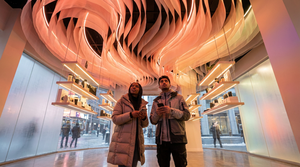 Multicultural Gen Z shoppers examining a sculptural pop-up retail brand activation interior in downtown Toronto, Canada in 2026.
