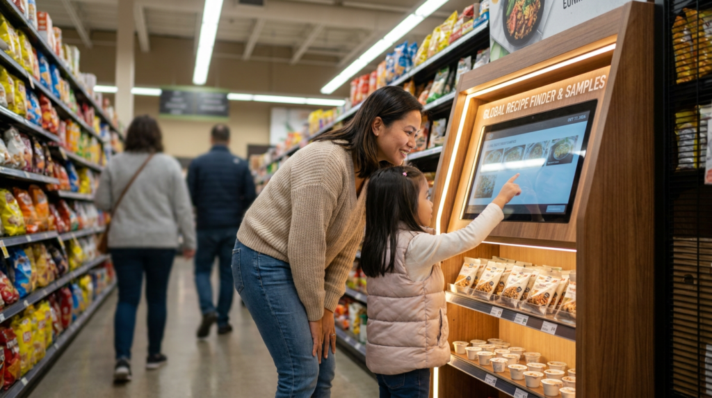 Filipino-Canadian mother and daughter interacting with an end-cap retail activation at a Canadian grocery store in 2026.