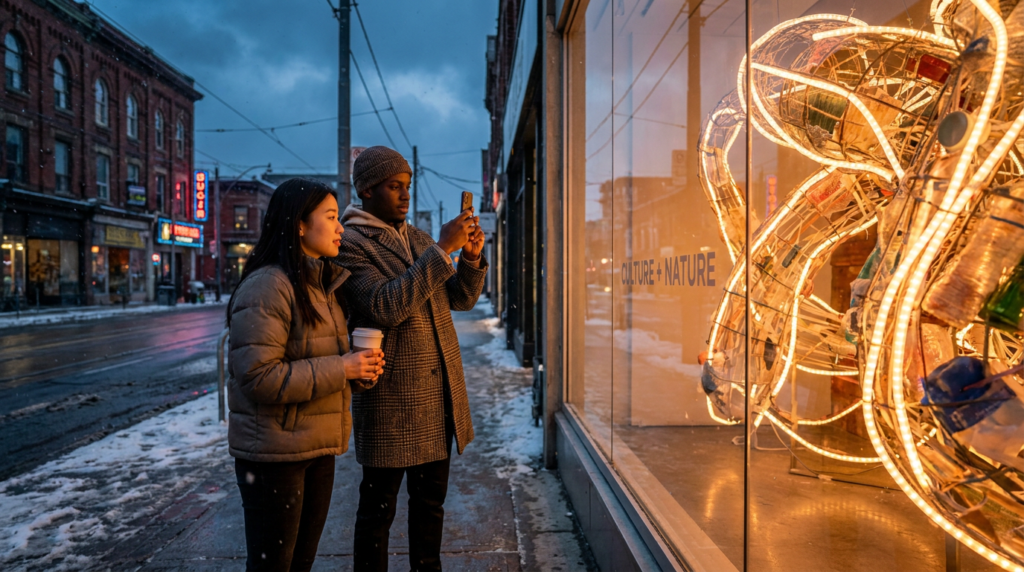 Multicultural Gen Z passersby photographing an illuminated brand activation storefront window display on Queen Street West in Toronto in 2026.