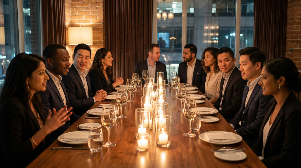 Multicultural senior executives engaging in conversation at a private B2B executive dinner activation in Toronto 2026.