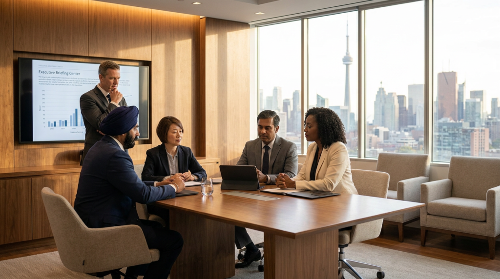 Senior multicultural executives engaging in an executive briefing centre B2B experiential marketing activation in Toronto 2026.