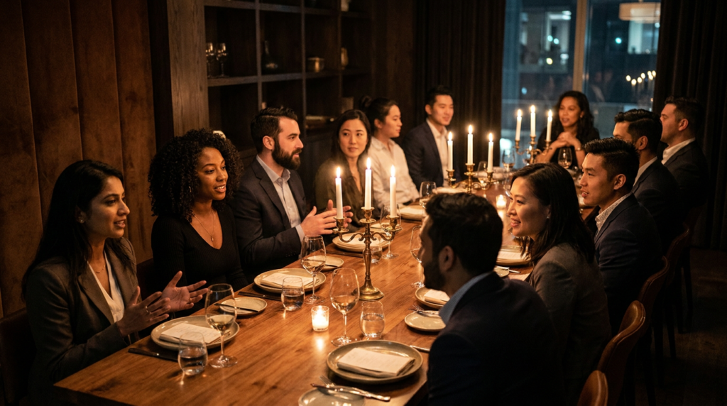 Multicultural executives at an intimate executive dinner corporate event at a sophisticated Toronto venue in 2026.