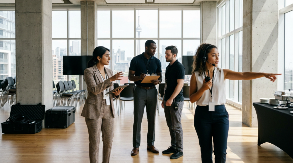 Corporate event planner team coordinating with vendors during a venue walkthrough at a Toronto event space in 2026.