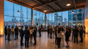 Multicultural corporate attendees at a premium Toronto event venue with skyline views in 2026.
