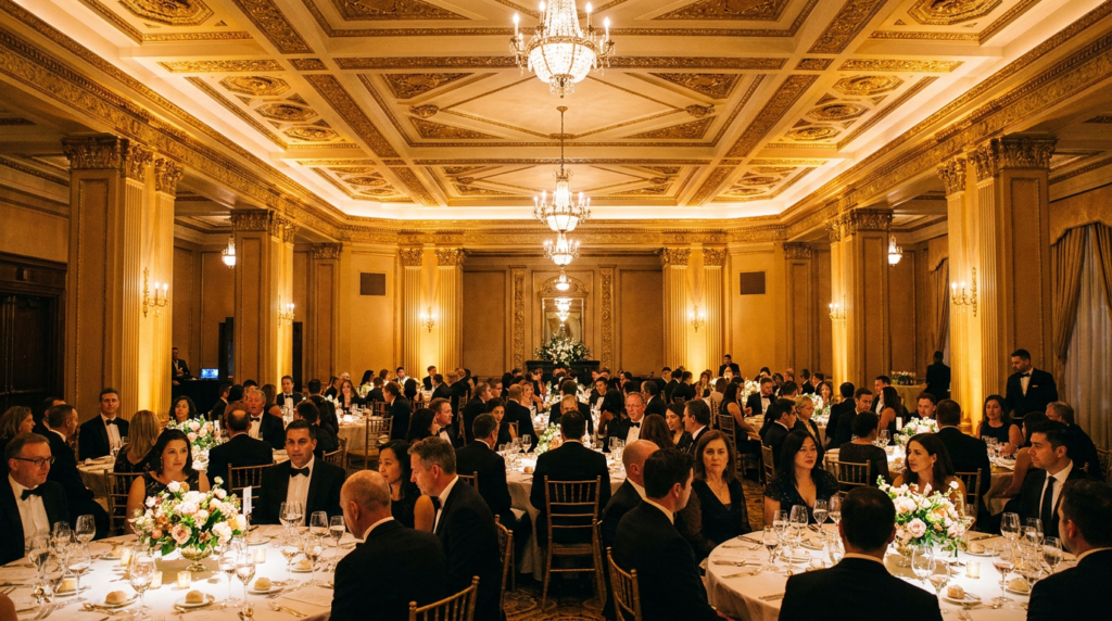 Multicultural gala attendees in formal attire at a heritage Toronto corporate event venue in 2026.