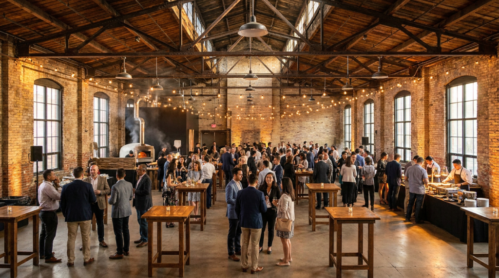 Multicultural team event at an adaptive-reuse industrial Toronto venue in 2026.