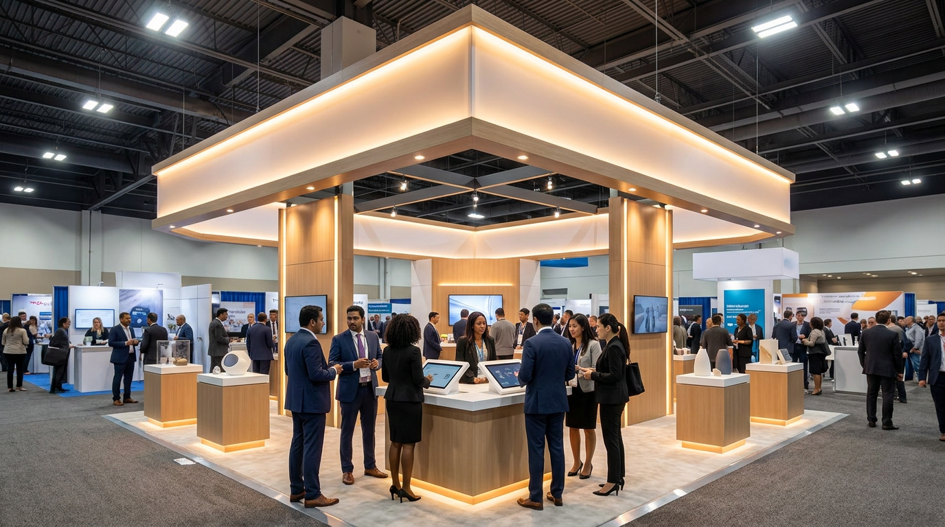 Modern island trade show booth with multicultural attendees at a Canadian trade show in 2026.