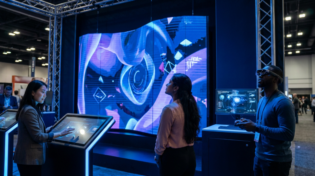 Attendees interacting with LED video walls and touchscreens at a tech-forward trade show booth in Canada 2026.
