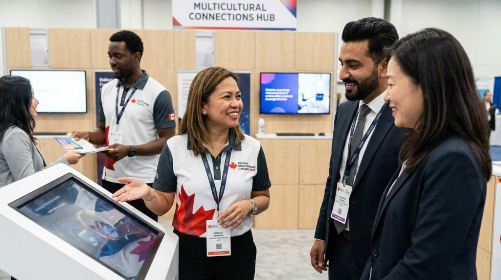 Multilingual booth staff engaging multicultural attendees at a Canadian trade show in 2026.