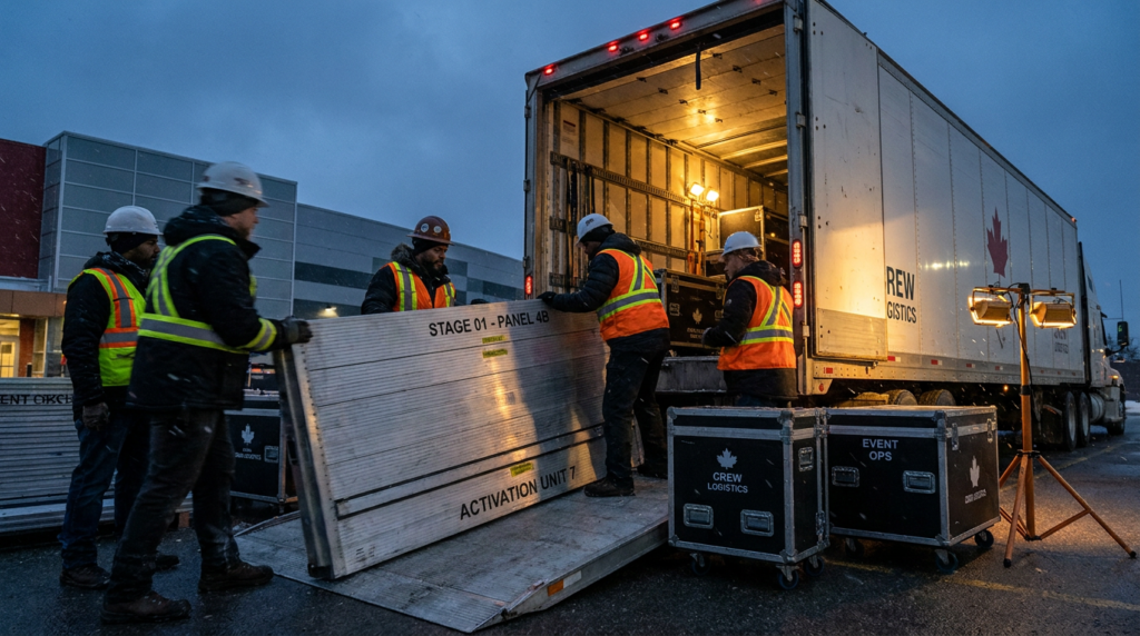 Production crew loading a modular brand activation build into a transport truck for a cross-Canada tour in 2026.