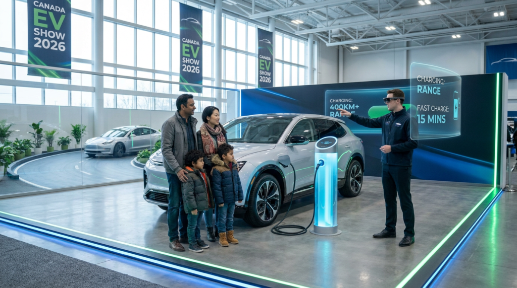 Attendees experiencing an EV test drive and charging activation at a Canadian auto show in 2026.