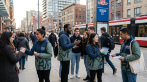 Brand activation street team handing out samples in a Toronto neighborhood in 2026.