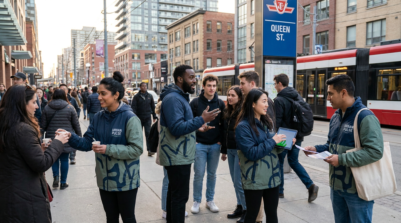 Brand activation street team handing out samples in a Toronto neighborhood in 2026.