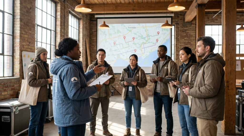 Street team field crew receiving a pre-activation briefing before deployment in 2026.