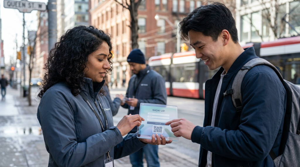 Street team ambassador capturing a sign-up on a tablet during a Canadian field activation in 2026.