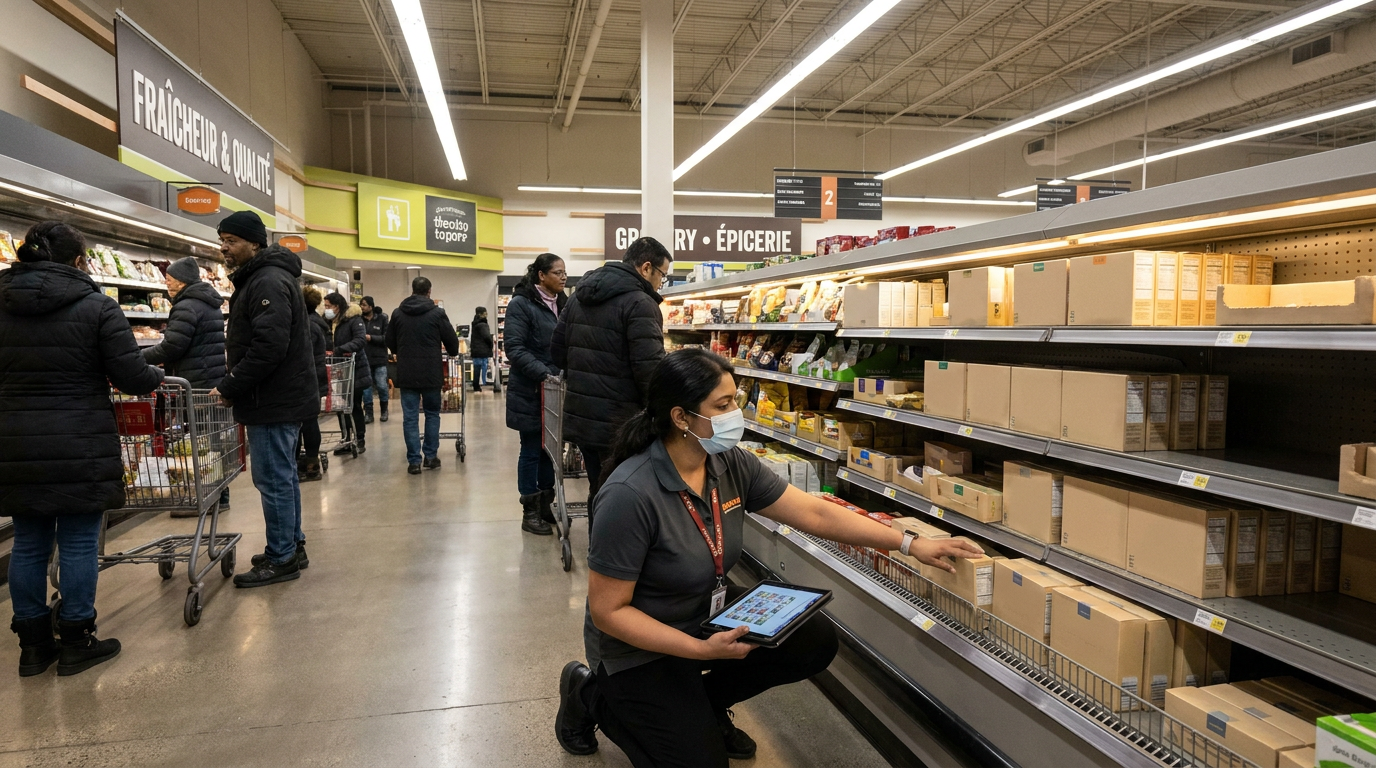 Field merchandiser auditing a planogram and adjusting shelves in a Canadian grocery store in 2026.