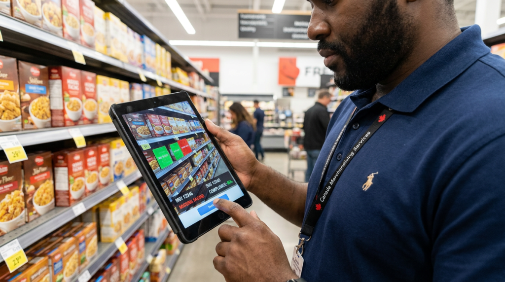Retail merchandising services associate using a tablet with image recognition to audit a planogram in a Canadian retail store in 2026.