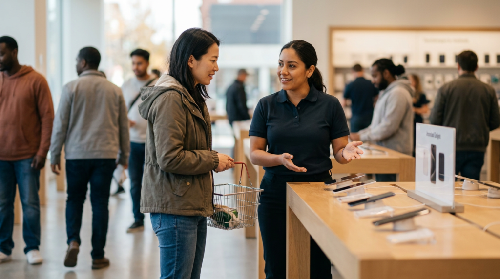 Mystery shopper interacting with a retail associate in a Canadian store in 2026.