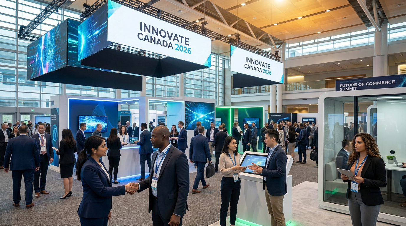 Multicultural professionals networking at a B2B conference floor in Canada in 2026.