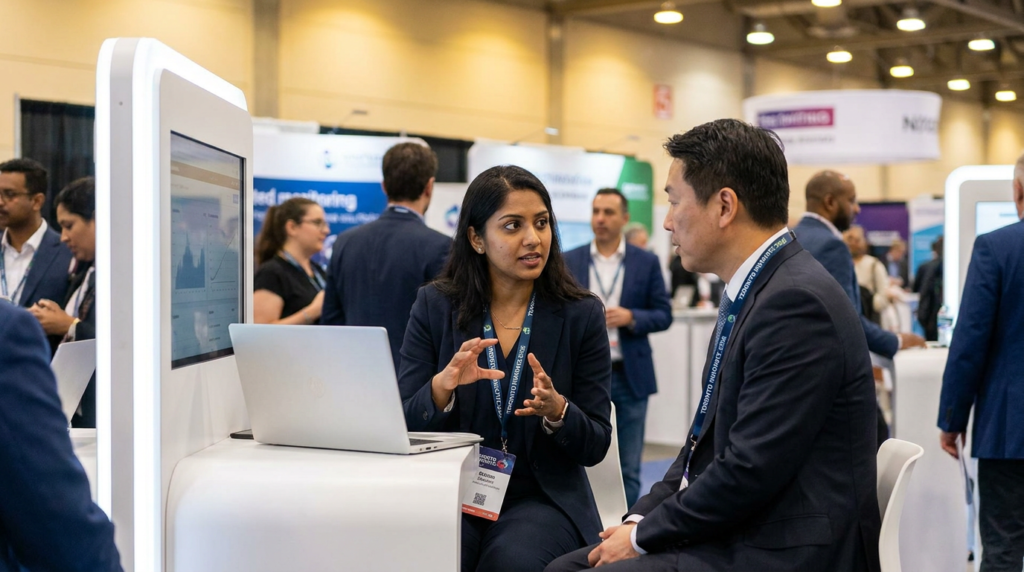 B2B exhibitor in conversation with an engaged prospect at a Canadian conference booth in 2026.
