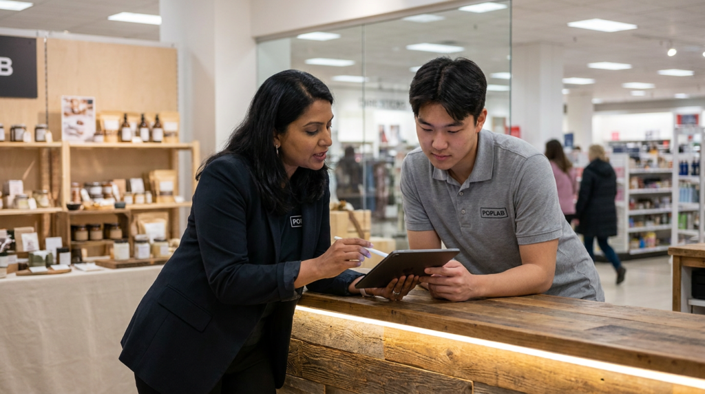 Team lead coaching a sales associate on the floor at a Canadian retail pop-up in 2026.