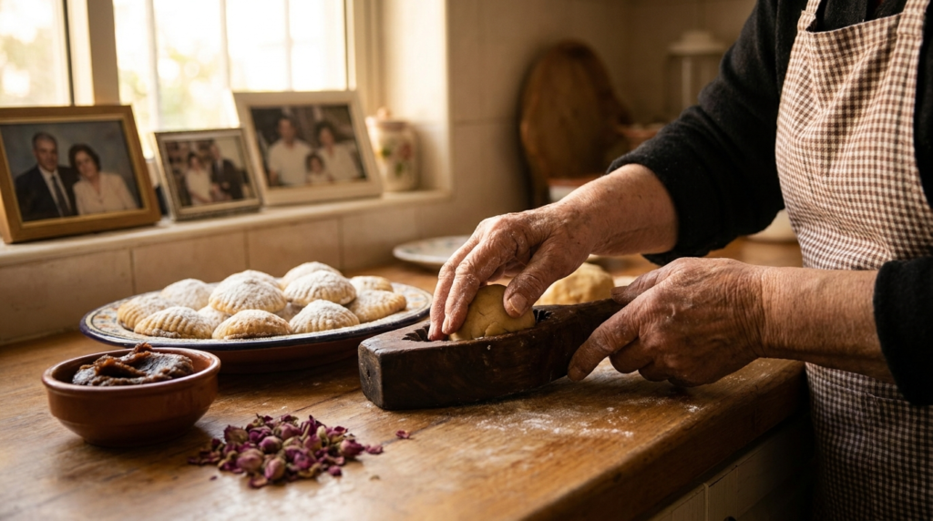 Arab Canadian consumer 2026: a Lebanese Canadian grandmother's hands shaping maamoul date-filled cookies using a carved wooden mould in a Mississauga kitchen.