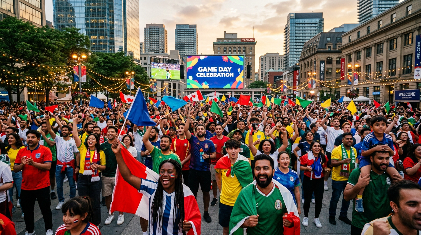 Multicultural soccer fans celebrating in a Canadian city square during summer 2026.