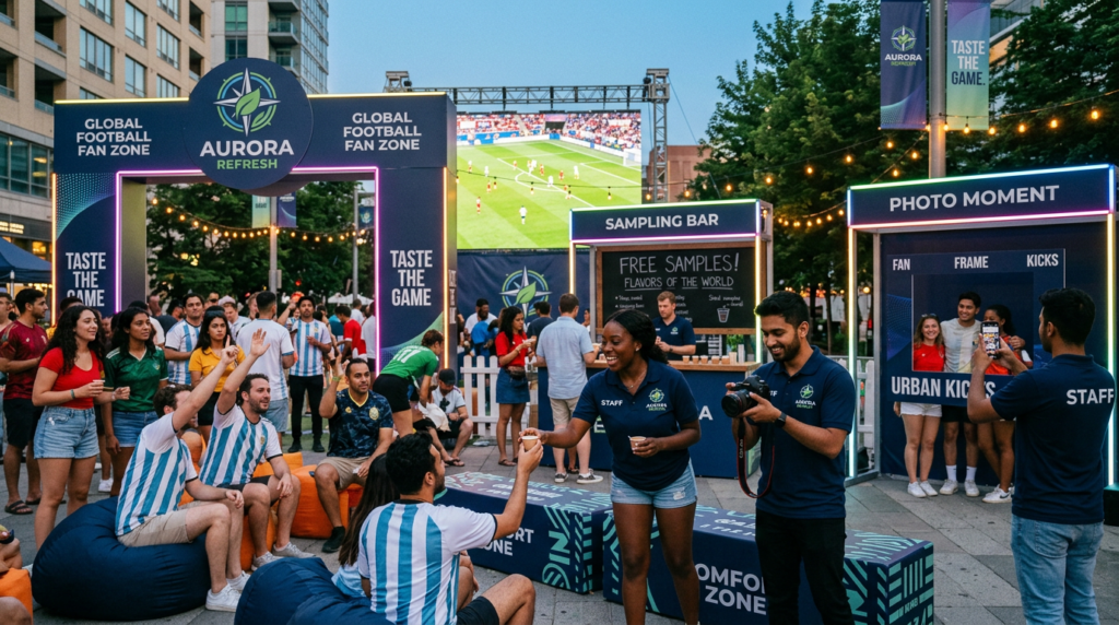 Brand-sponsored soccer viewing party activation in a Canadian city during summer 2026.