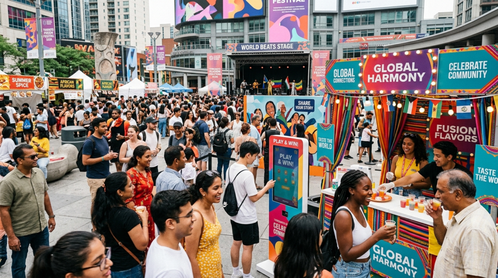Brand activation booth at a multicultural fusion festival in Toronto during summer 2026.