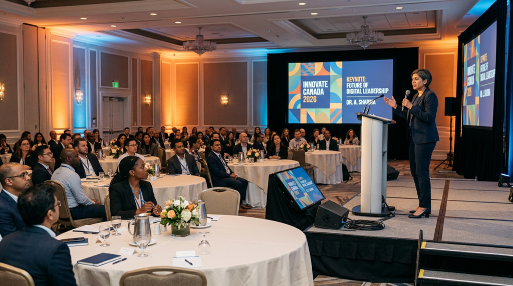 Corporate conference with professional AV and keynote speaker at a Canadian hotel venue in 2026.