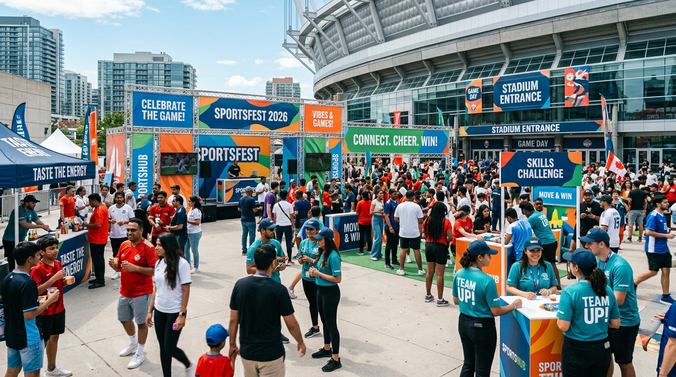 Brand activation at a sporting event on game day in Canada in 2026.