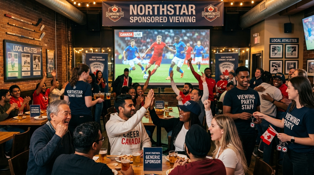 Brand-sponsored multicultural viewing party for a sporting event in a Canadian community venue in 2026.