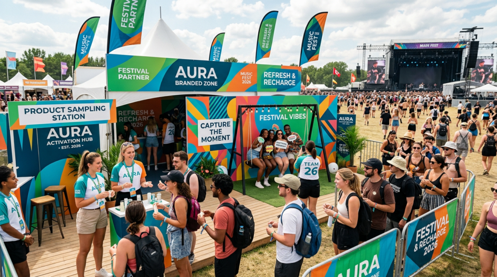 Branded sponsor zone with product sampling and interactive elements at a Canadian music festival in 2026.