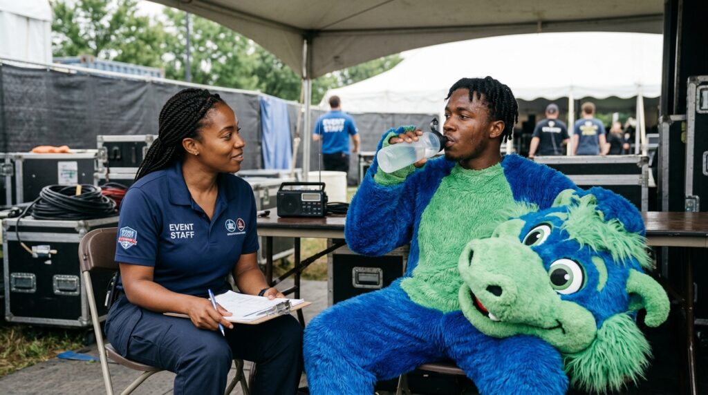 Brand mascot performer taking a supervised break with a chaperone at a Canadian event in 2026.