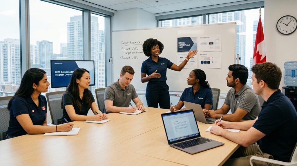 Brand ambassador team participating in a training session before a Canadian activation in 2026.