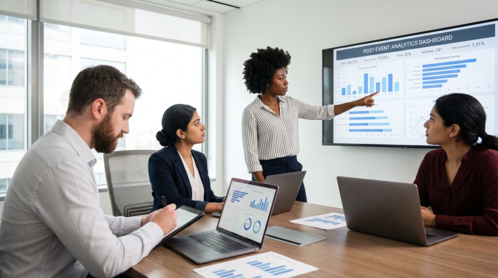 Event marketing team reviewing AI-assisted post-event analytics and ROI data on a screen in 2026.