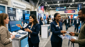 Professional event hostess team engaging visitors at a Canadian trade show in 2026.
