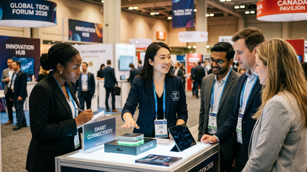 Hostess for event presenting a product to a small group of attendees at a Canadian trade show in 2026.